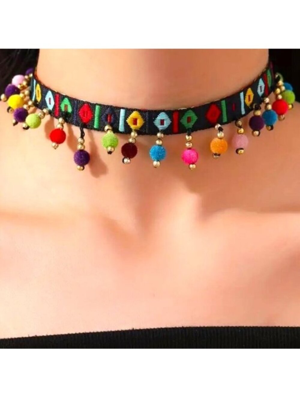 Choker Necklace Embroidered Tassel Dangle Poms Boho Hippie Sexy Stylish Trendy